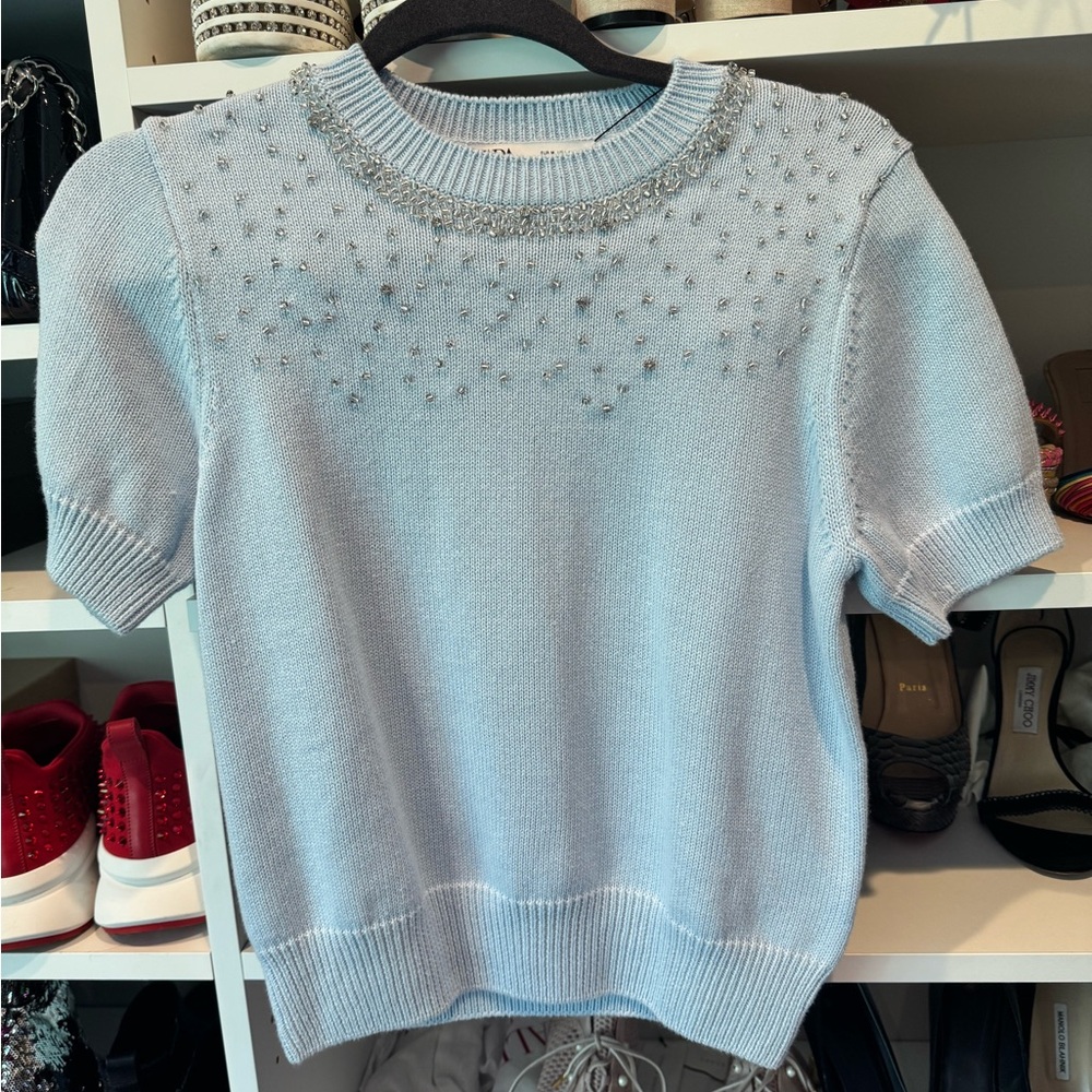 Zara Blue Crew Neck Sweater with Sparkling Yoke